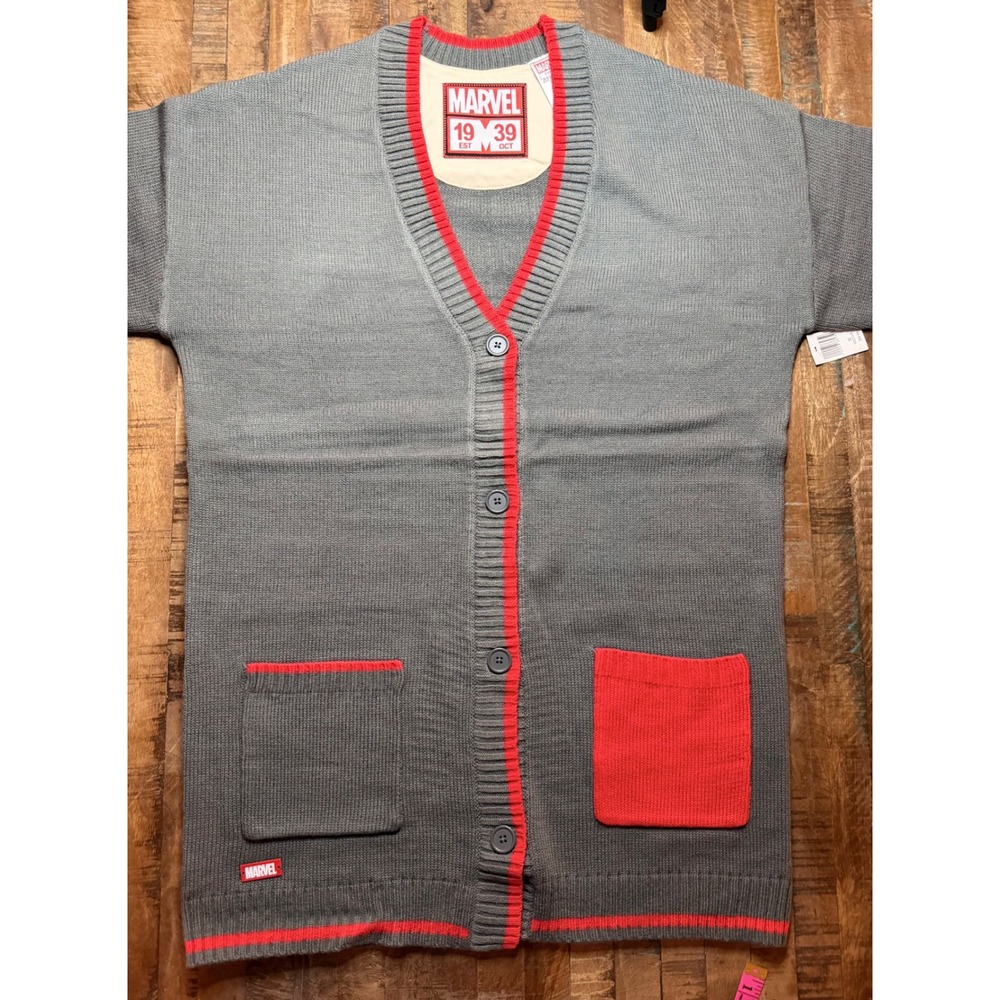 Marvel Comics Disney Parks Grey Red Varsity Cardigan Sweater Mens Medium NEW - Picture 2 of 6